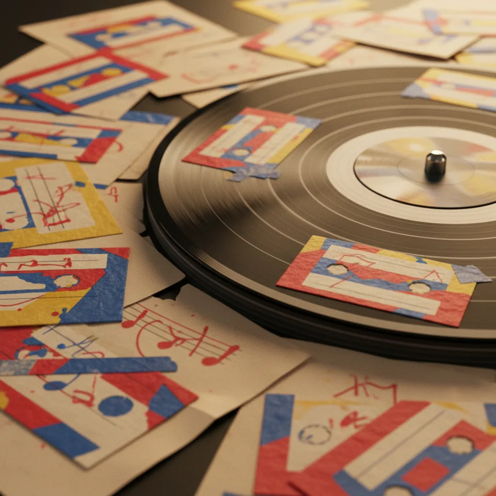 Spinning vinyl record turntable surrounded by tactile handwritten cultural studio notes