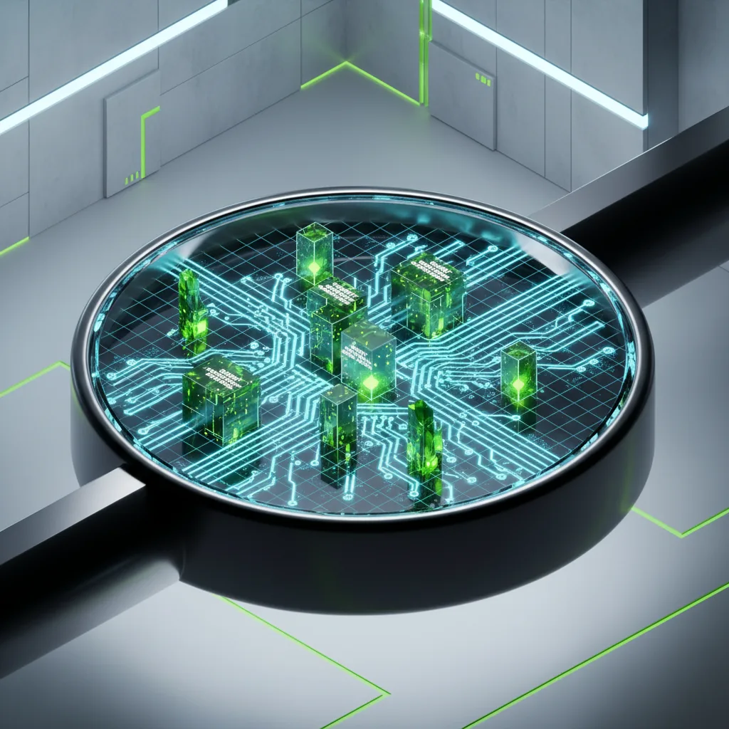 Abstract isometric architectural lens inspecting smart contract capability blocks