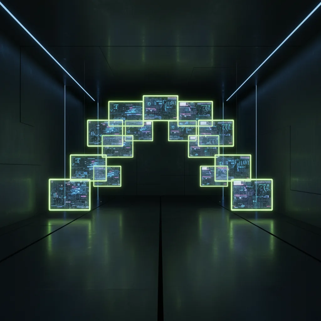 Digital receipts glowing in dark museum gallery with lime accents